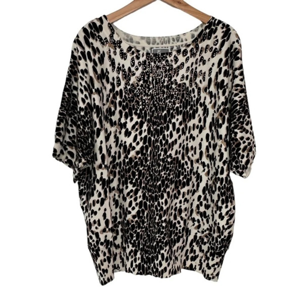 JM Collection Animal Print Sweater XL Cream Black Rhinestone Dolman Short Sleeve